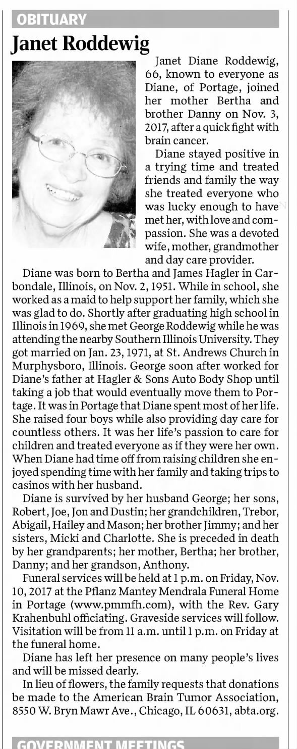 Janet Diane Hagler Roddewig obit